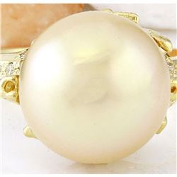 12.45 mm Gold South Sea Pearl 14K Solid Yellow Gold Diamond Ring