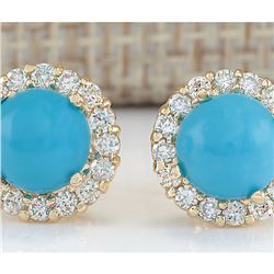 3.65 CTW Natural Blue Turquoise And Diamond Earrings 18K Solid Yellow Gold