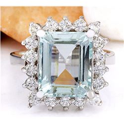 5.25 CTW Natural Aquamarine 18K Solid White Gold Diamond Ring