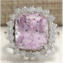16.95 CTW Natural Kunzite And Diamond Ring 18K Solid White Gold