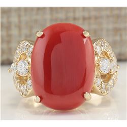 9.67CTW Natural Coral And Diamond Ring In 14K Yellow Gold