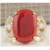 Image 1 : 9.67CTW Natural Coral And Diamond Ring In 14K Yellow Gold