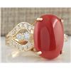 Image 2 : 9.67CTW Natural Coral And Diamond Ring In 14K Yellow Gold