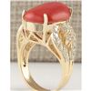 Image 3 : 9.67CTW Natural Coral And Diamond Ring In 14K Yellow Gold