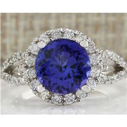 3.49 CTW Natural Blue Tanzanite And Diamond Ring In 18K White Gold Aaa