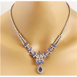 18.86 CTW Natural Tanzanite 14K Solid White Gold Diamond Necklace