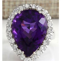 14.96 CTW Natural Amethyst And Diamond Ring In 18K Solid White Gold