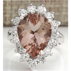 6.16 CTW Natural Peach Morganite And Diamond Ring In 14K Solid White Gold