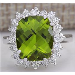 5.93 CTW Natural Peridot And Diamond Ring 18K Solid White Gold
