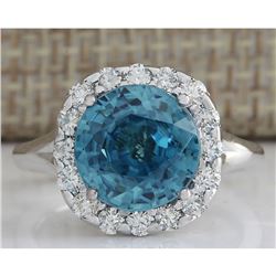 7.58 CTW Natural Blue Zircon And Diamond Ring 18K Solid White Gold