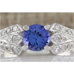 1.15 CTW Natural Tanzanite And Diamond Ring 18K Solid White Gold