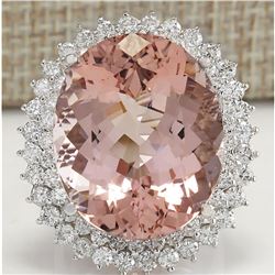 31.81 CTW Natural Peach Morganite And Diamond Ring In 14K Solid White Gold