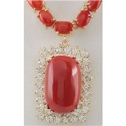 38.32 CTW Natural Red Coral And Diamond Necklace In 18K Yellow Gold