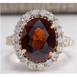 10.43 CTW Natural Hessonite Garnet And Diamond Ring 18K Solid Yellow Gold