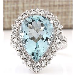 7.96 CTW Natural Aquamarine And Diamond Ring In 18K Solid White Gold