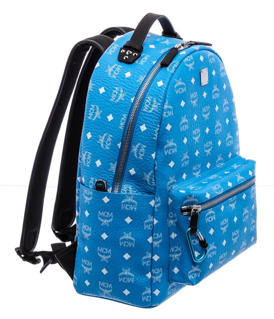 MCM Blue White Visetos Leather Medium Stark Backpack
