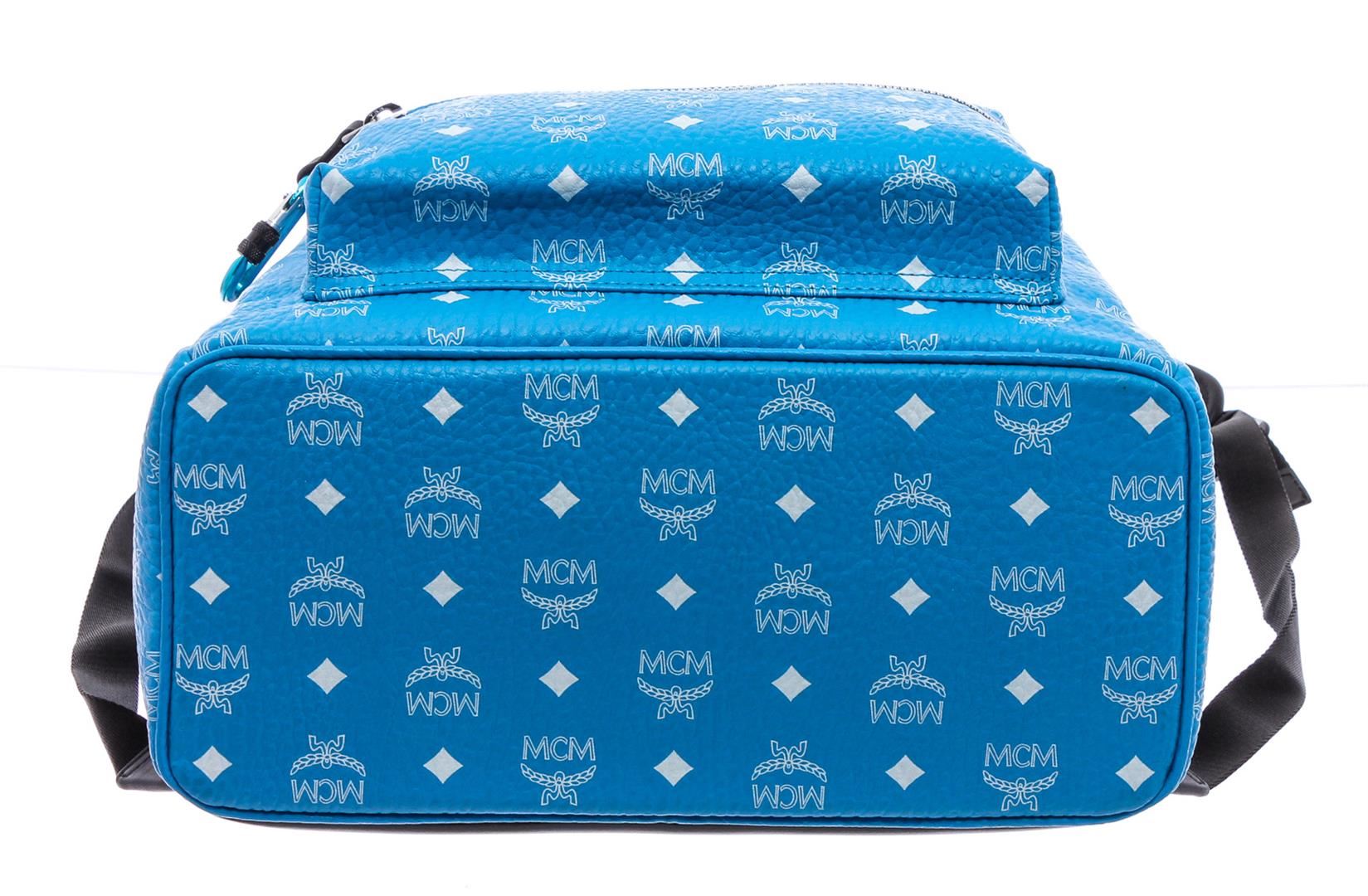 MCM Blue White Visetos Leather Medium Stark Backpack