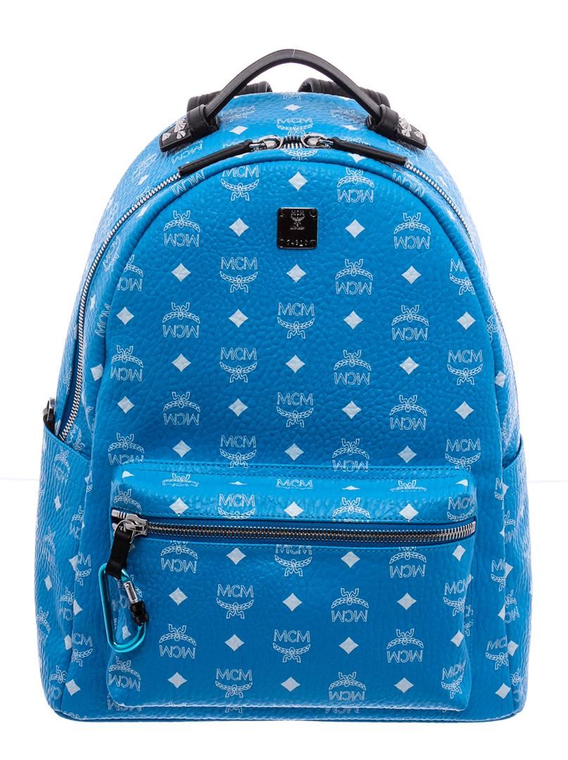 MCM Blue White Visetos Leather Medium Stark Backpack