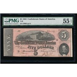 1864 $5 Confederate States of America Note PMG 55EPQ