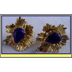 LAPIS LAZULI DIAMOND 18K GOLD EARRINGS C1940 #859265