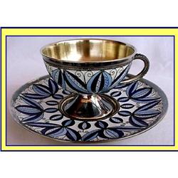 RUSSIAN CLOISONNE ENAMEL SILVER CUP SAUCER #859272