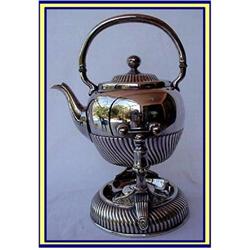 SILVER P TEA KETTLE ON STAND W BURNER 19C #859274