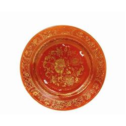 Old Chinese Export Gilt Coral Flower Plate   #885193