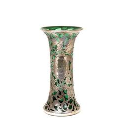 Vintage Silver Overlay Green Glass Vase Steuben #885200