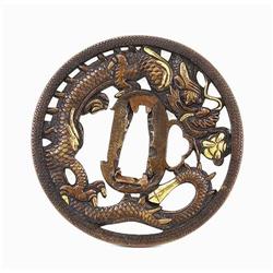 19C Japanese Open Work Tsuba Gilt Bronze Dragon #885221