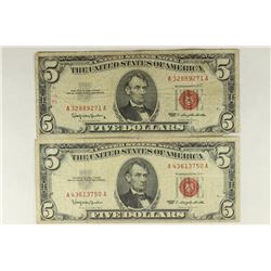 2-1963 $5 US NOTES RED SEALS