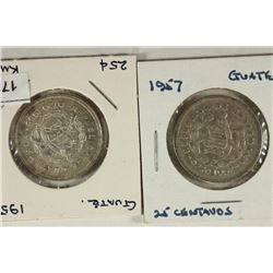 1955 & 1957 GUATEMALA SILVER 25 CENTAVOS