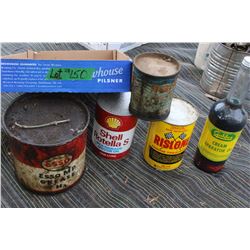 Flat with Quart Oil Cans (2 full); Grease Can (1); a 1 lb. Grease Can & a Qt Bottle of Cream Separat