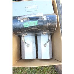 Box with 2 Large Metal Lunch Boxes; 1 Smaller Lunch Box; a Hard Hat and a Tool Box