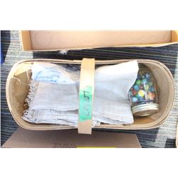 Fruit Basket with a Jar of Marbles and a Canada Goose Seed Potato  Bag