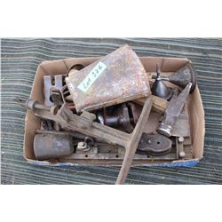 Flat with a Sheep Shears, Two Saw Vises, Small Hatchet, Pipe Clamp, a Cow Bell and a Steering Wheel 