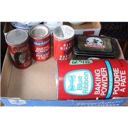 Flat with 3 Blue Ribbon Baking Powder Containers, 1 Calumet Baking Powder Tin and a Winchester 22 Lo