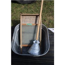 Galvanized Wash Tub, Winner Glass Wash Board & Clothes Plunger