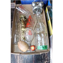 Flat with 3 Old Glasses, Milk Bottles, Clock and 4 Brass Items
