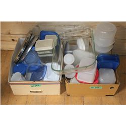 Two Boxes of Plastic Storage Containers, Tupperware and 1 Pyrex Baking Dish