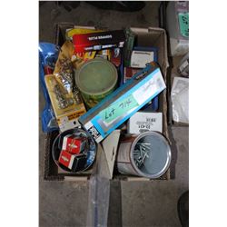 Box with Assorted Screws, Grommets, Thermostats, Spark Plugs, etc.