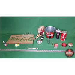 Coca-Cola Collector Combo: Barbie, Small Bucket, Wood Crate Slab, Radio Can, Watch, Ornaments, Mini