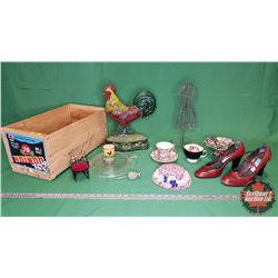 Wood Box Lot: Cast Iron Rooster Door Stop, Ladies Shoes (Italy), Jewellery Holder Dress Form, China,