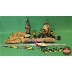 Tray Lot - Wood Theme: Rain Stick, Walnut Image Tray, Carving Fork, Vases, Tins, Cutlery, Wall Décor