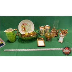 Tray Lot: Large Glass Fruit Bowl, Amber Cups & Saucers, 1909 Calendar Plate, Jug, Vases, etc