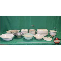 Green/Cream Enamelware (9 pcs) (Roaster, Bowls, Basins, Pots, Kettle Pot, etc) + Wood Handle Kitchen