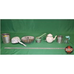 Green/Cream Enamelware (7 pcs) Sifters, Syrup Dispenser, Juice Press, Coffee Pot, Strainer, etc