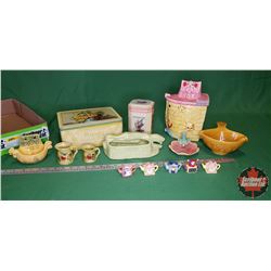 Tray Lot: Boat Cookie Jar, Red Rose Tea Pot Ornaments, 1/4 Cup Pitcher, 1/8 Cup Pitcher, Tins, Panth