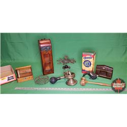 Tray Lot: Vintage Car/Bicycle Horn, Gavel, Desk Stamp Holder, Wood Trinket Box, Wood Bottle Case, Na