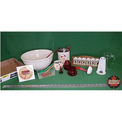 Tray Lot: Mixing Bowl, Swans Down Thermometer, Kraft Swiss Counter Clock, Margene Lid, Sifter, Red/W