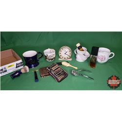 Tray Lot ~ Gentleman's Grouping: Moustache Cups, Auto Strop, Straight Razor, Alarm Clock, Clippers,